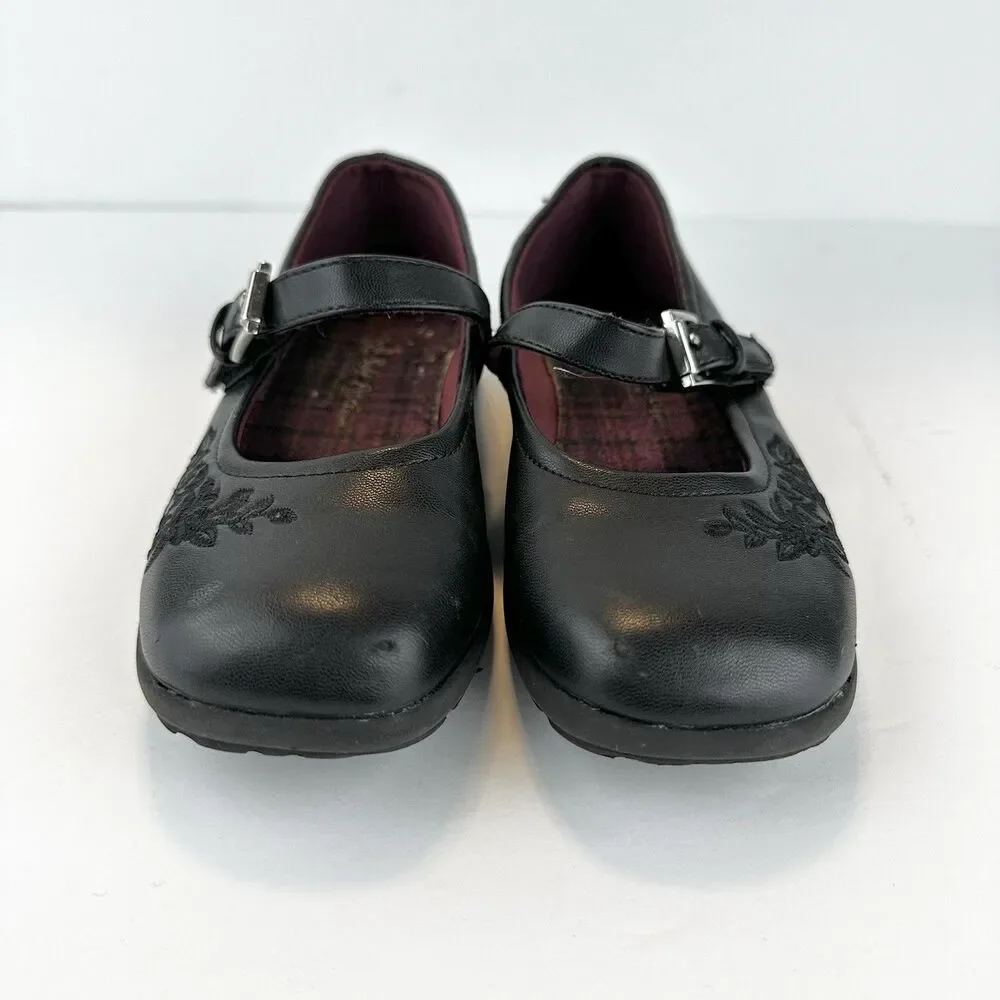 Self Esteem Black Flats Floral Design with Strap Burgundy Girls Sz 12.5M